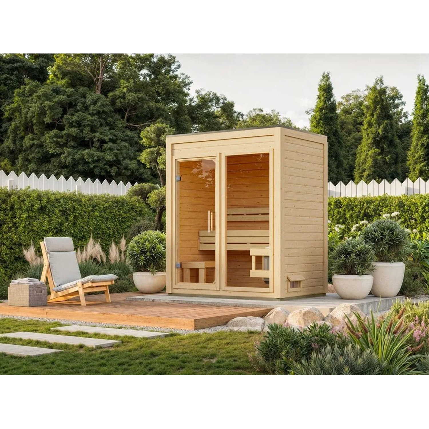 Karibu Saunahaus Gartensauna View Natur mit Klarglastür 38 mm Wandstärke inkl. Terrasse ohne Ofen