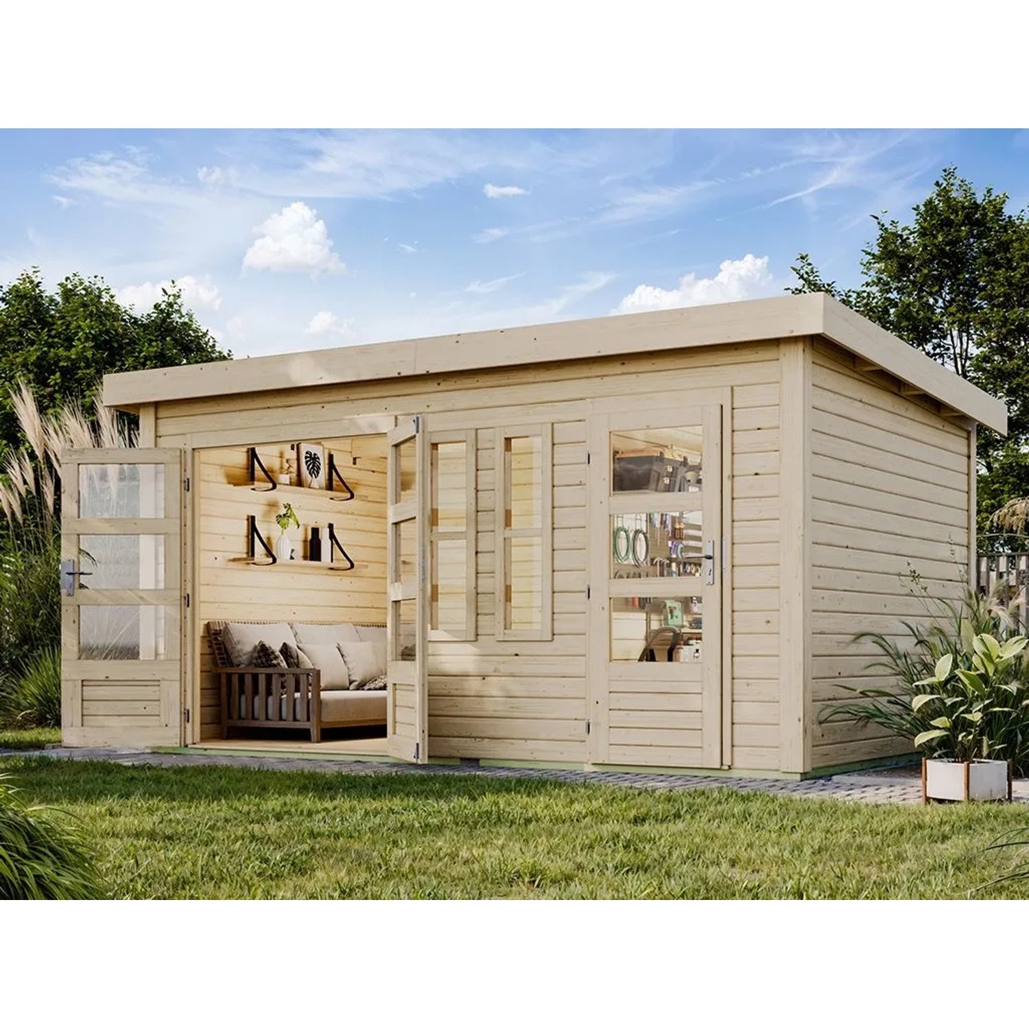 Karibu Gartenhaus Zweiraumhaus Schönborn 2 Zoll 38 mm Wandstärke Natur