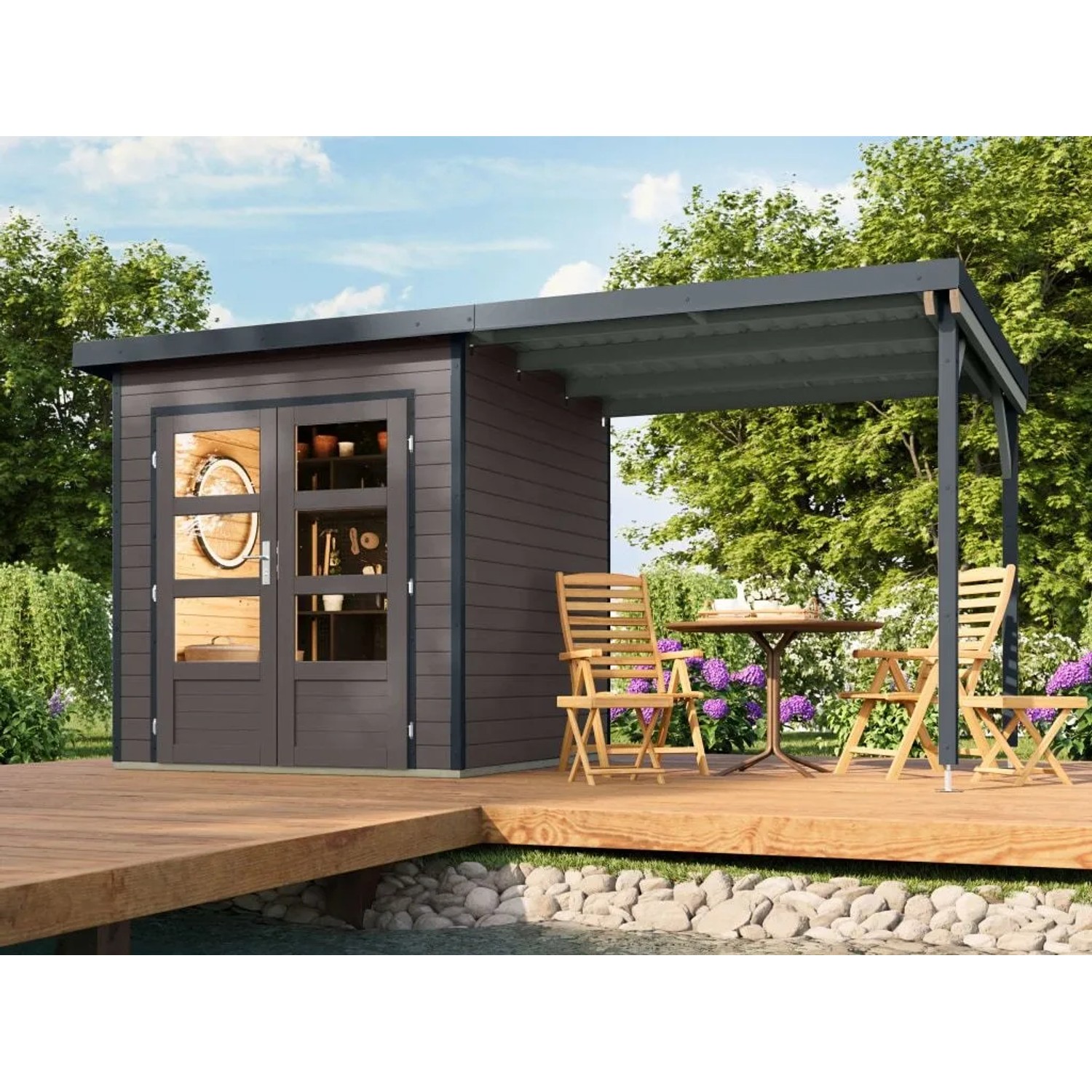Karibu Gartenhaus Plutus 1 Zoll 28 mm Wandstärke inkl. Anbaudach Grau
