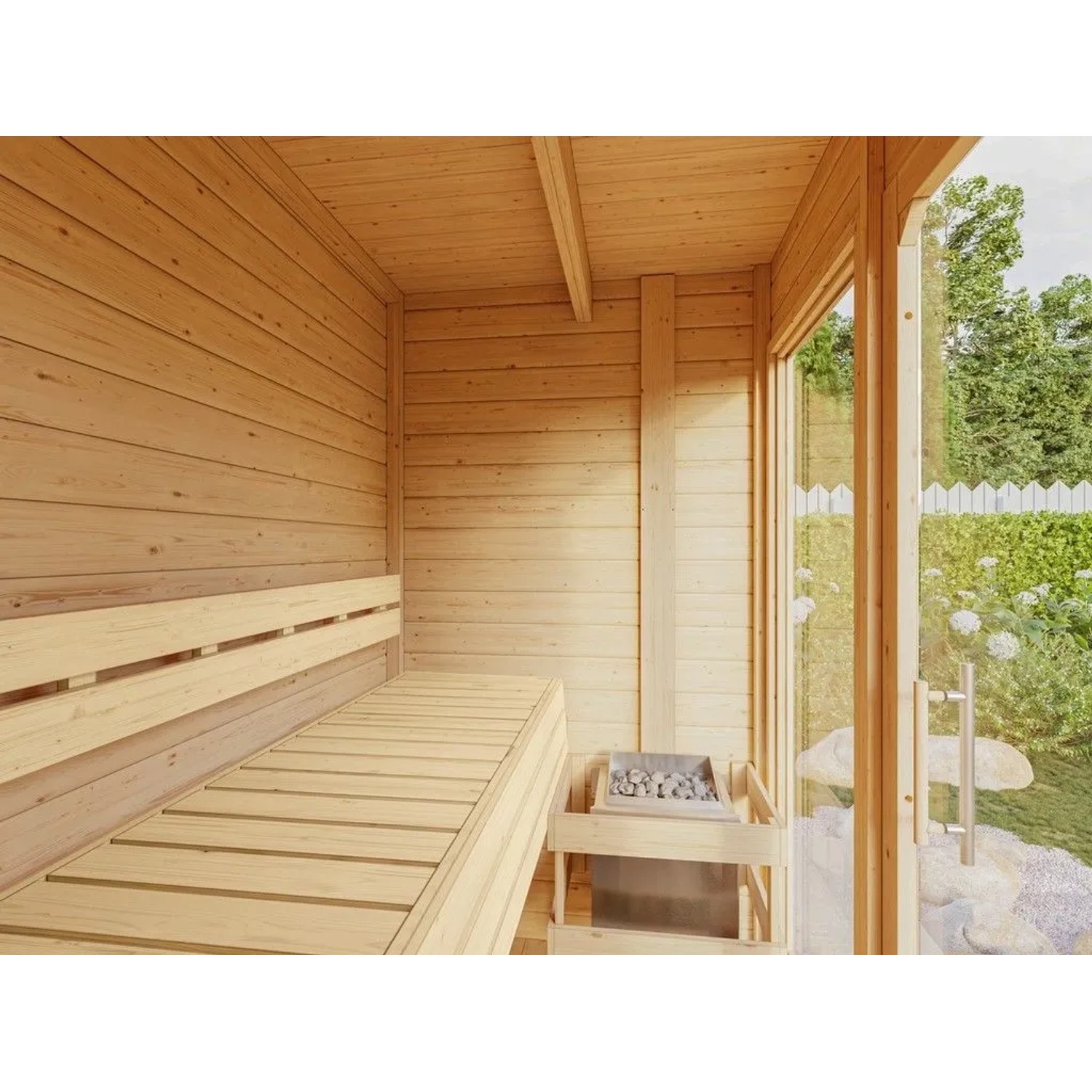 Karibu Saunahaus Gartensauna View Terragrau mit Klarglastür 38 mm Wandstärke inkl. Terrasse ohne Ofen