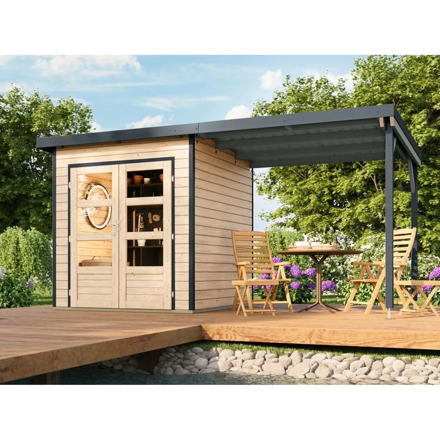 Karibu Gartenhaus Plutus 1 Zoll 28 mm Wandstärke inkl. Anbaudach Natur