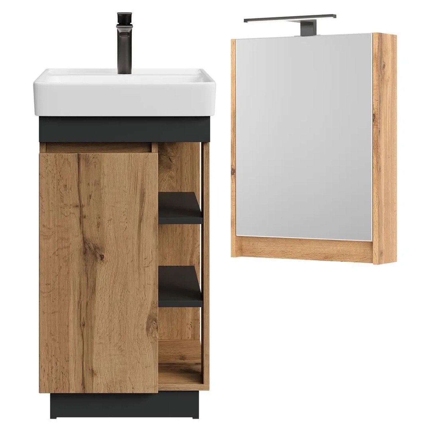Planetmöbel Badmöbel Set NYX 50 cm Wotan Eiche Anthrazit mit Waschbecken LED Spiegelschrank Armatur Matt Schwarz
