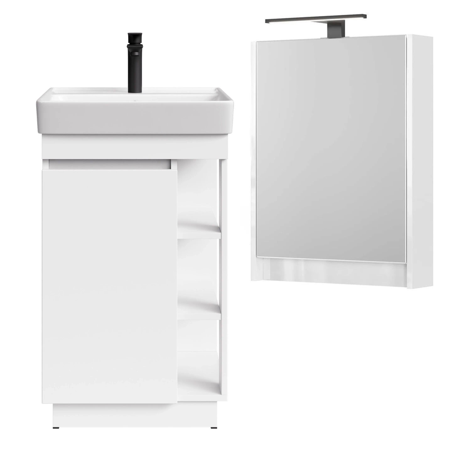 Planetmöbel Badmöbel Set NYX 50 cm Matt Weiß mit Waschbecken LED Spiegelschrank Armatur Matt Schwarz