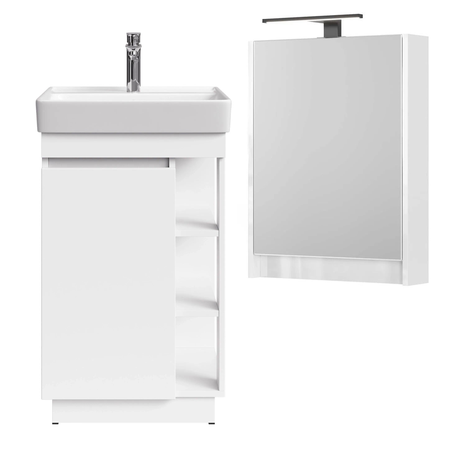 Planetmöbel Badmöbel Set NYX 50 cm Matt Weiß mit Waschbecken LED Spiegelschrank Armatur Chrom