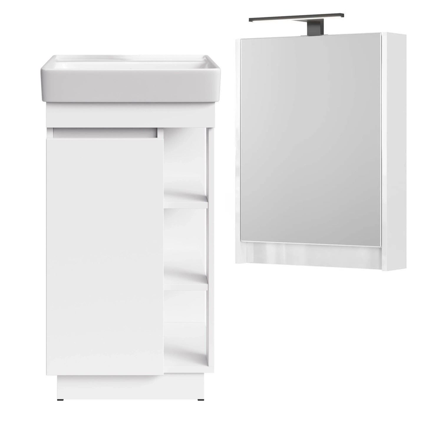 Planetmöbel Badmöbel Set NYX 45 cm Matt Weiß mit Waschbecken LED Spiegelschrank