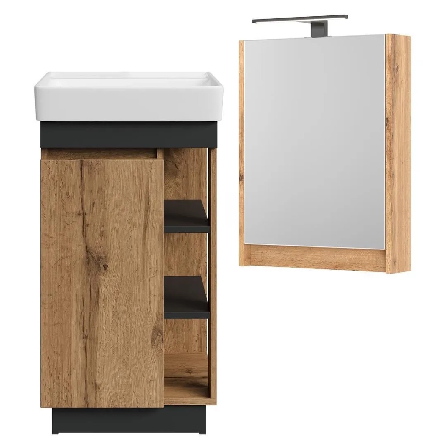 Planetmöbel Badmöbel Set NYX 45 cm Wotan Eiche Anthrazit mit Waschbecken LED Spiegelschrank