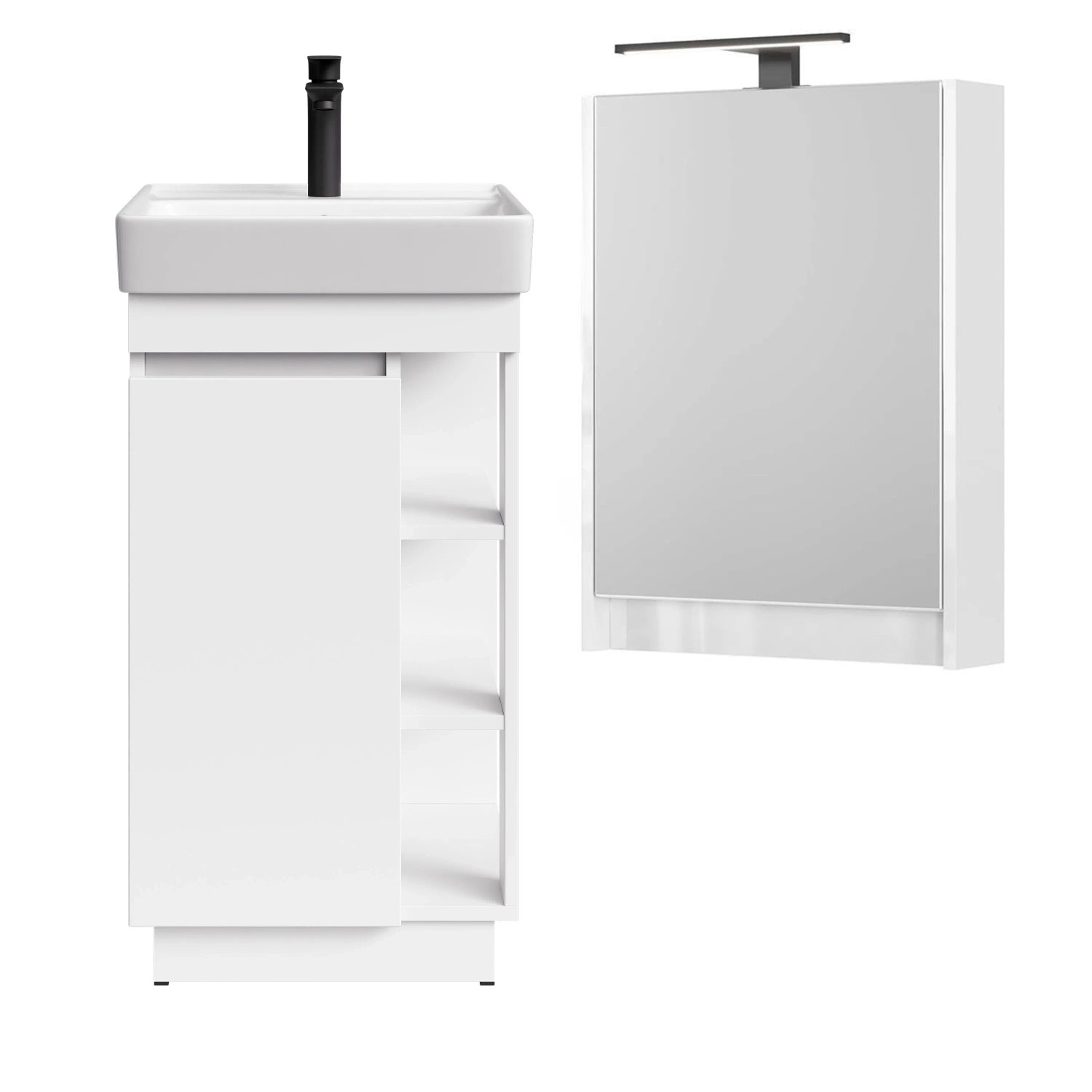 Planetmöbel Badmöbel Set NYX 45 cm Matt Weiß mit Waschbecken LED Spiegelschrank Armatur Matt Schwarz