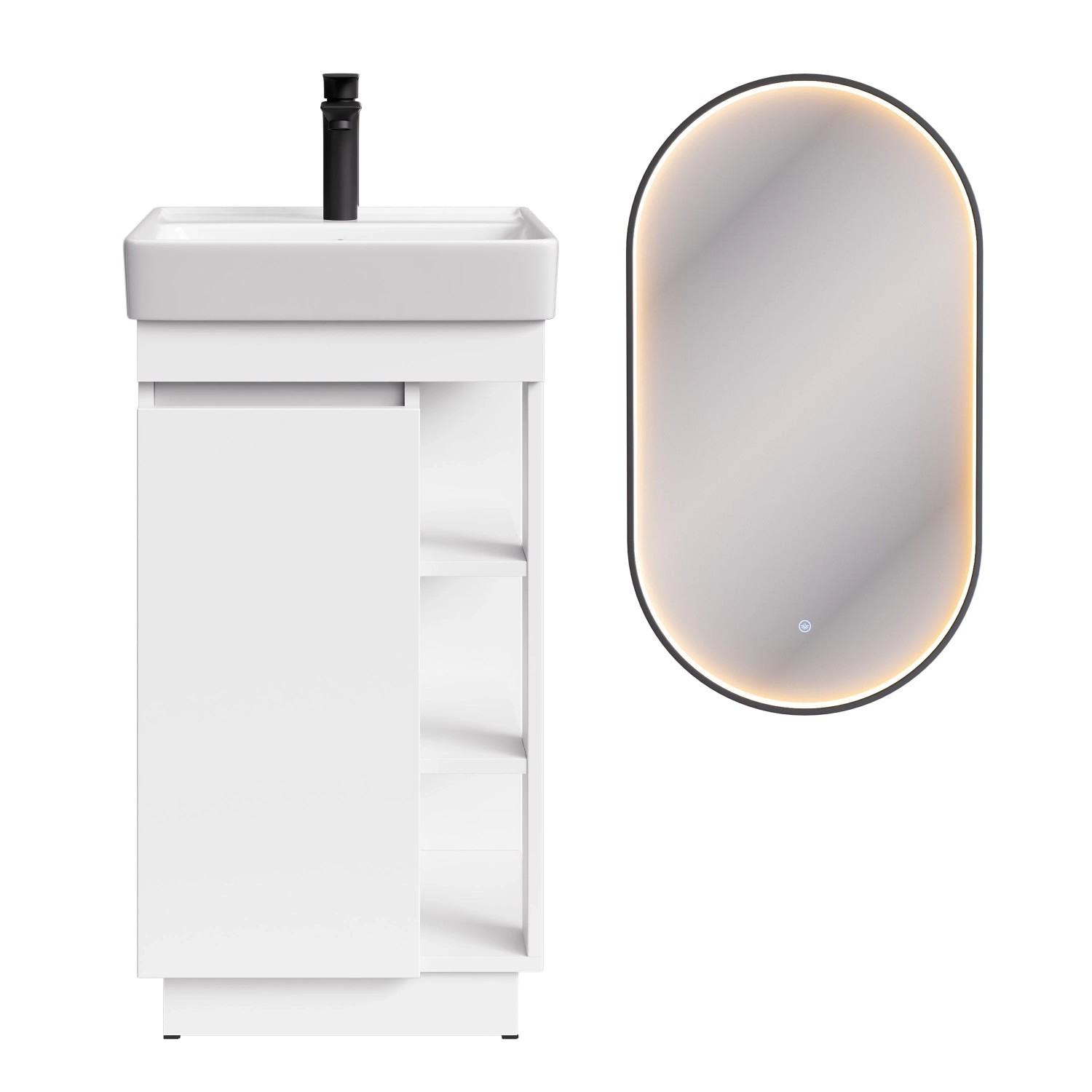 Planetmöbel Badmöbel Set NYX 50 cm Matt Weiß mit Waschbecken LED Spiegel GLORA Armatur Matt Schwarz