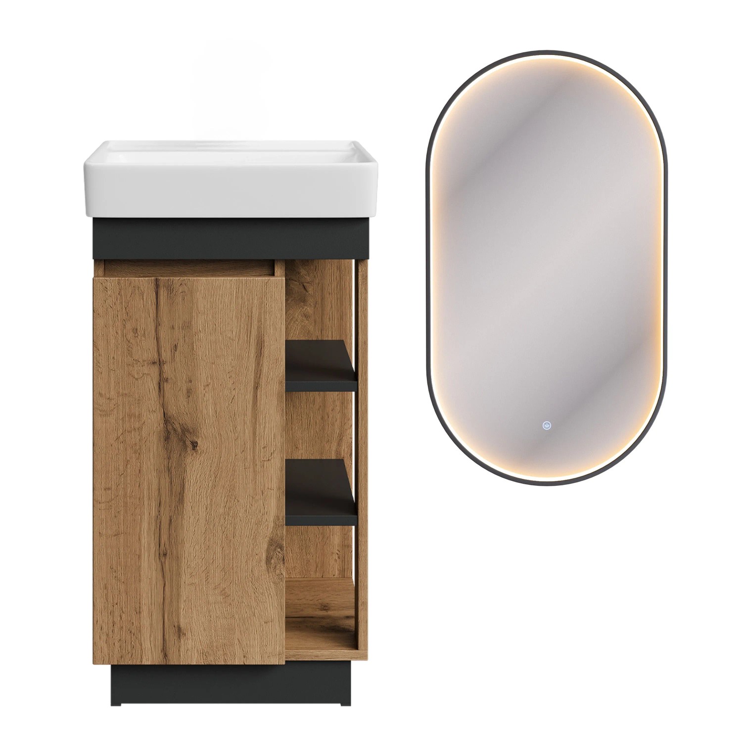Planetmöbel Badmöbel Set NYX 45 cm Wotan Eiche Anthrazit mit Waschbecken LED Spiegel GLORA