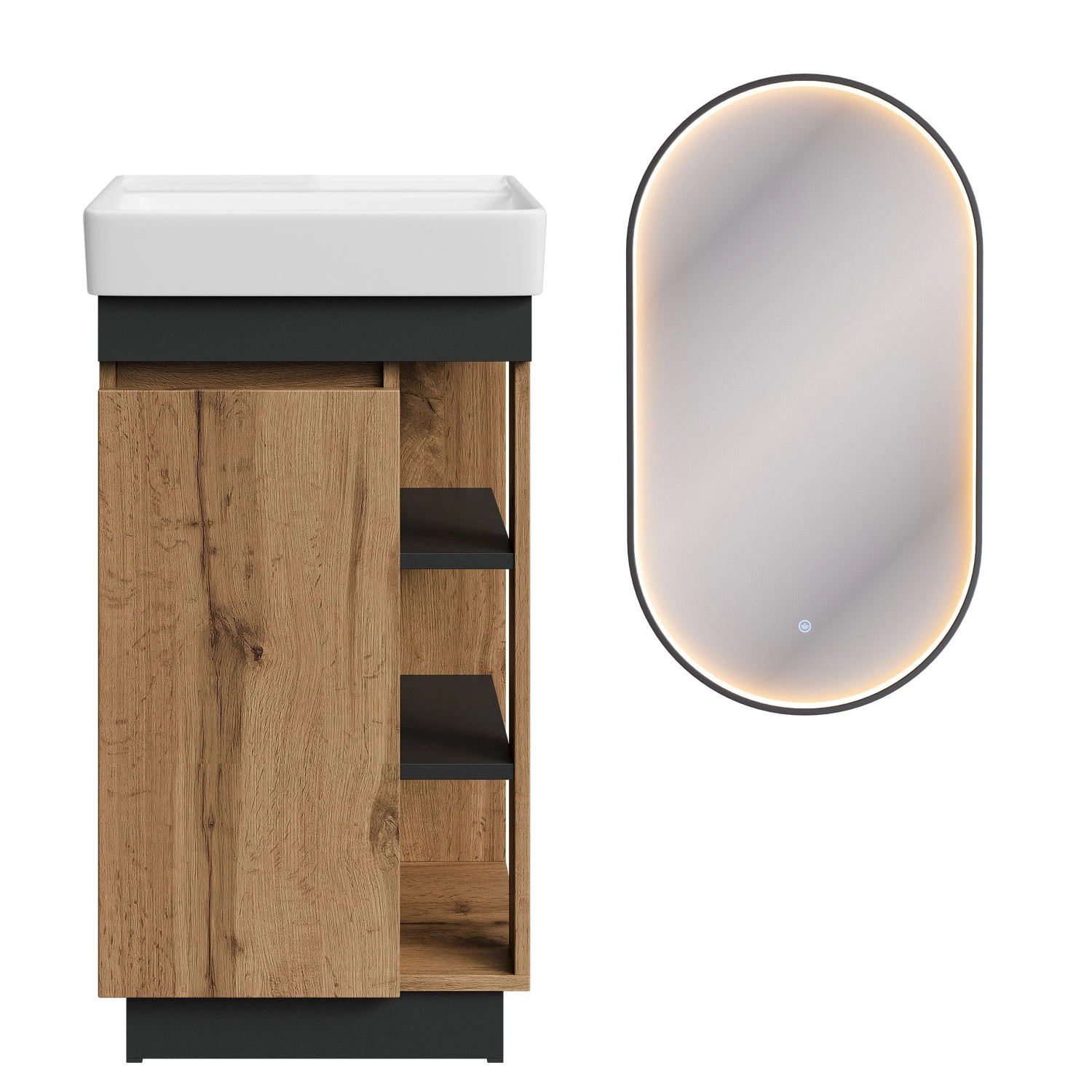 Planetmöbel Badmöbel Set NYX 50 cm Wotan Eiche Anthrazit mit Waschbecken LED Spiegel GLORA