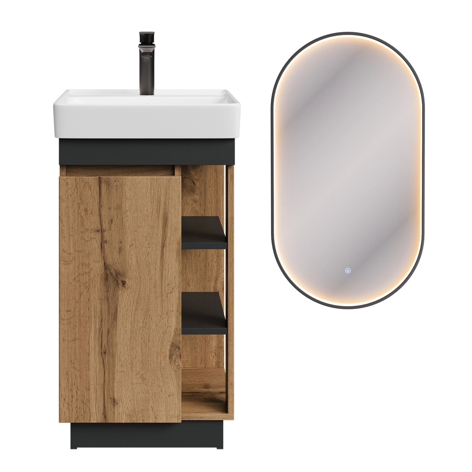 Planetmöbel Badmöbel Set NYX 45 cm Wotan Eiche Anthrazit mit Waschbecken LED Spiegel GLORA Armatur Matt Schwarz