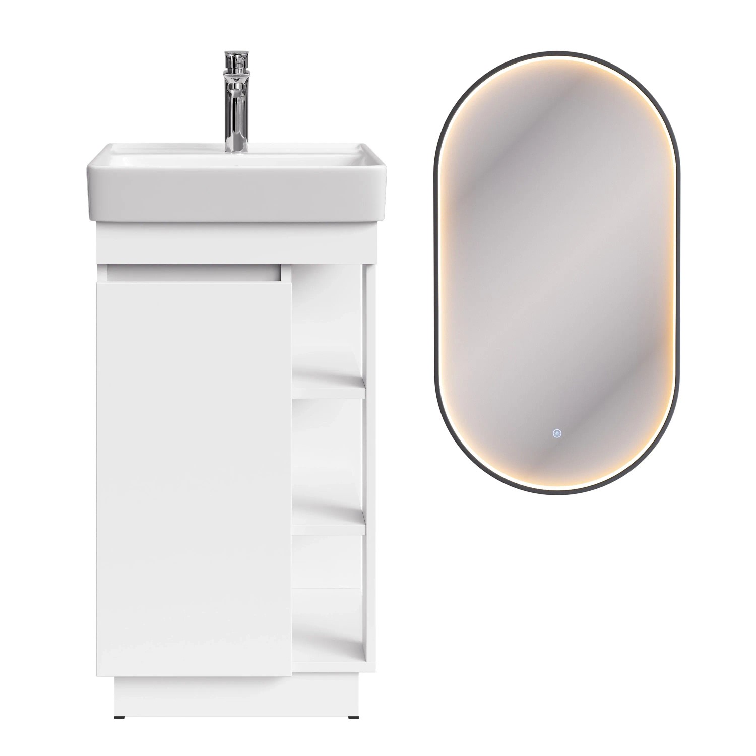 Planetmöbel Badmöbel Set NYX 50 cm Matt Weiß mit Waschbecken LED Spiegel GLORA Armatur Chrom