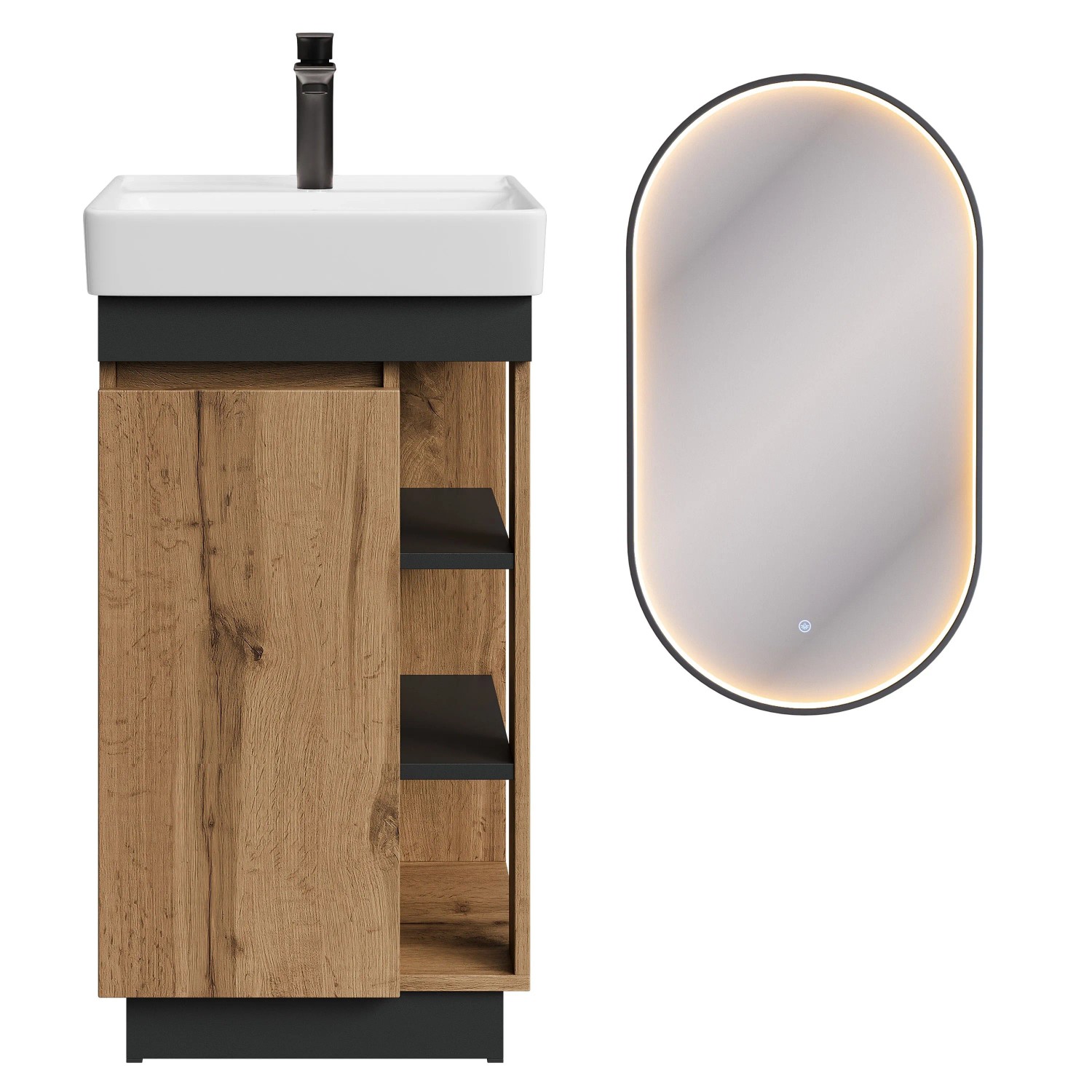 Planetmöbel Badmöbel Set NYX 50 cm Wotan Eiche Anthrazit mit Waschbecken LED Spiegel GLORA Armatur Matt Schwarz