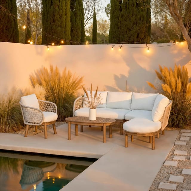 Bessagi Garden Loungegarnitur Belaya Weiß/Grau Holz/Outdoorstoff