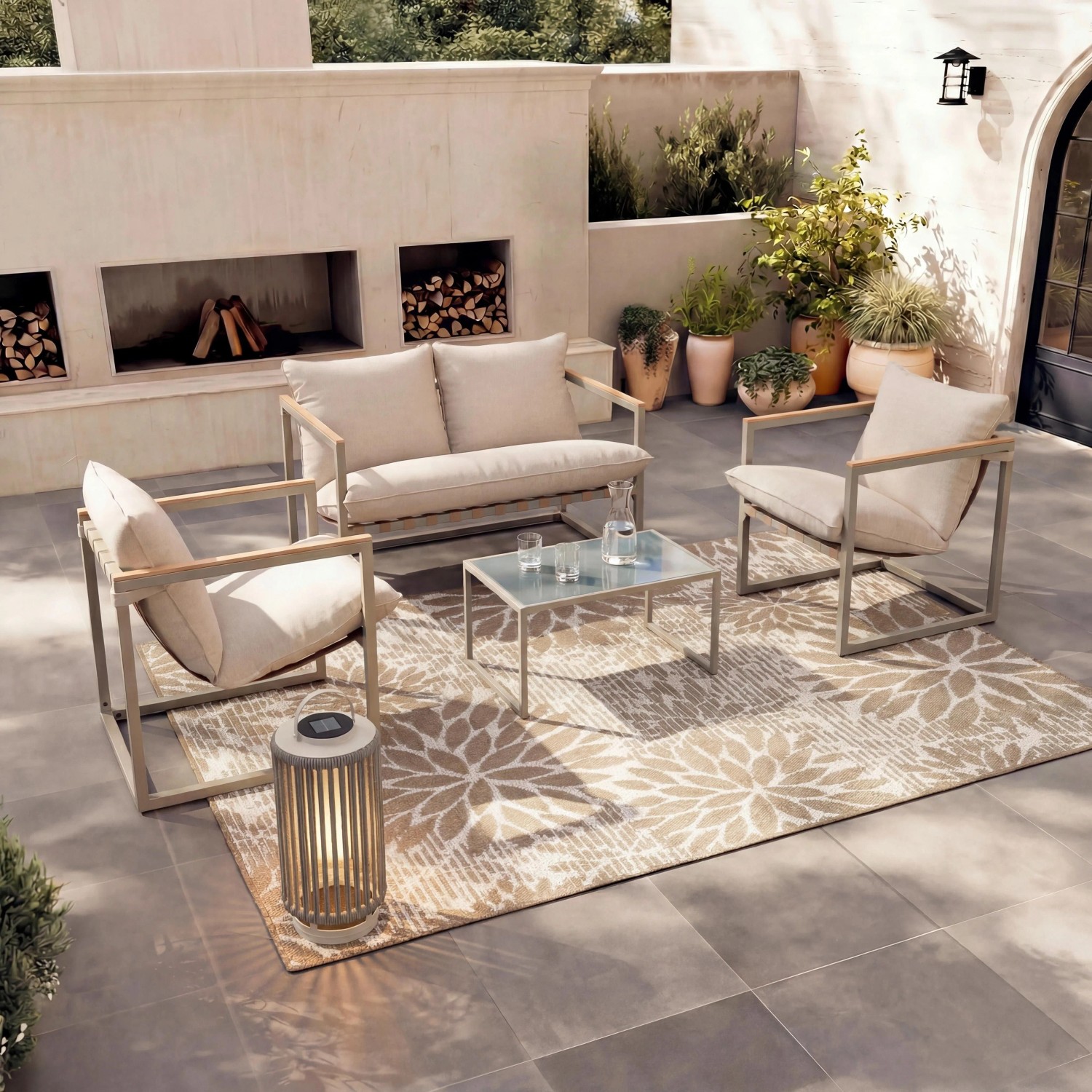 Bessagi Garden Loungegarnitur Lara Creme Metall/Outdoorstoff +Abdeckung