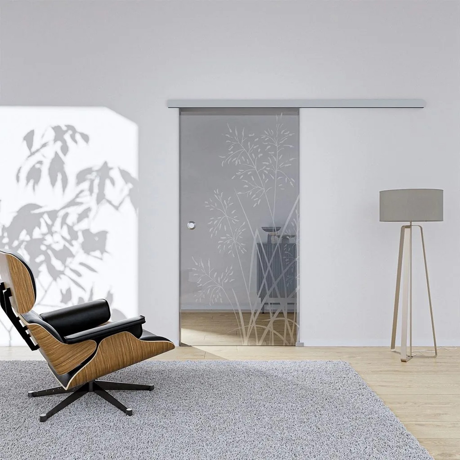 Hansaglas Glasschiebetür Flora 2 1025 x 2050 mm DIN Rechts Komplettset Silber Muschelgriff