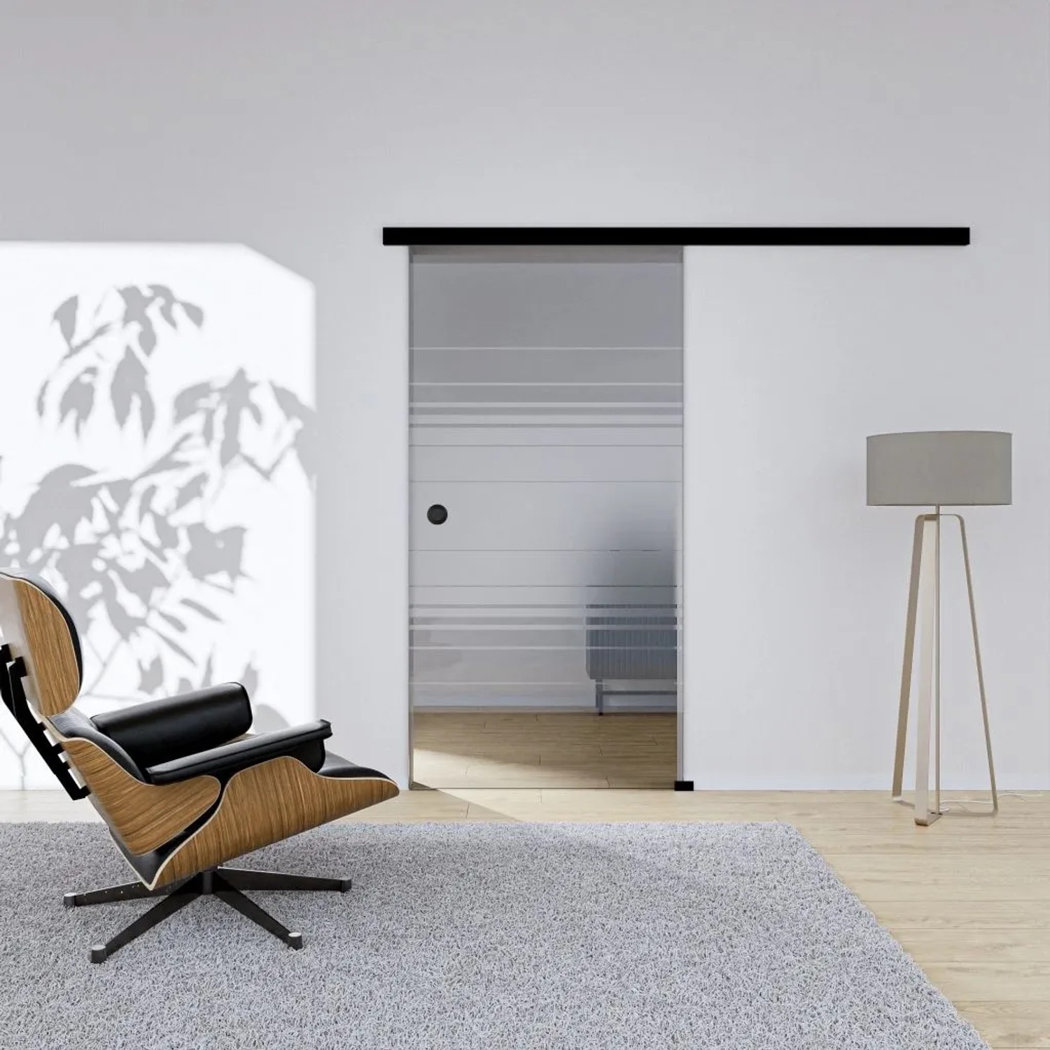 Hansaglas Glasschiebetür Helio 1025 x 2050 mm Komplettset Schwarz Muschelgriff SoftClose