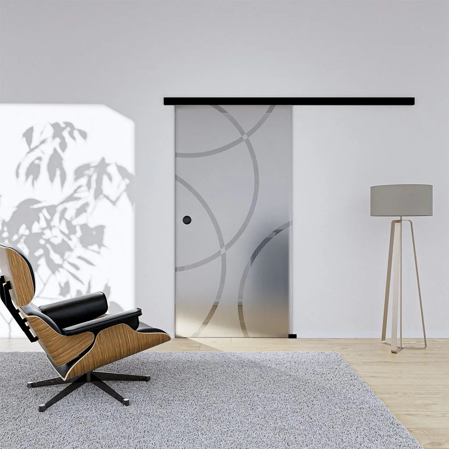 Hansaglas Glasschiebetür Planet 1 775 x 2050 mm Komplettset Schwarz Muschelgriff SoftClose