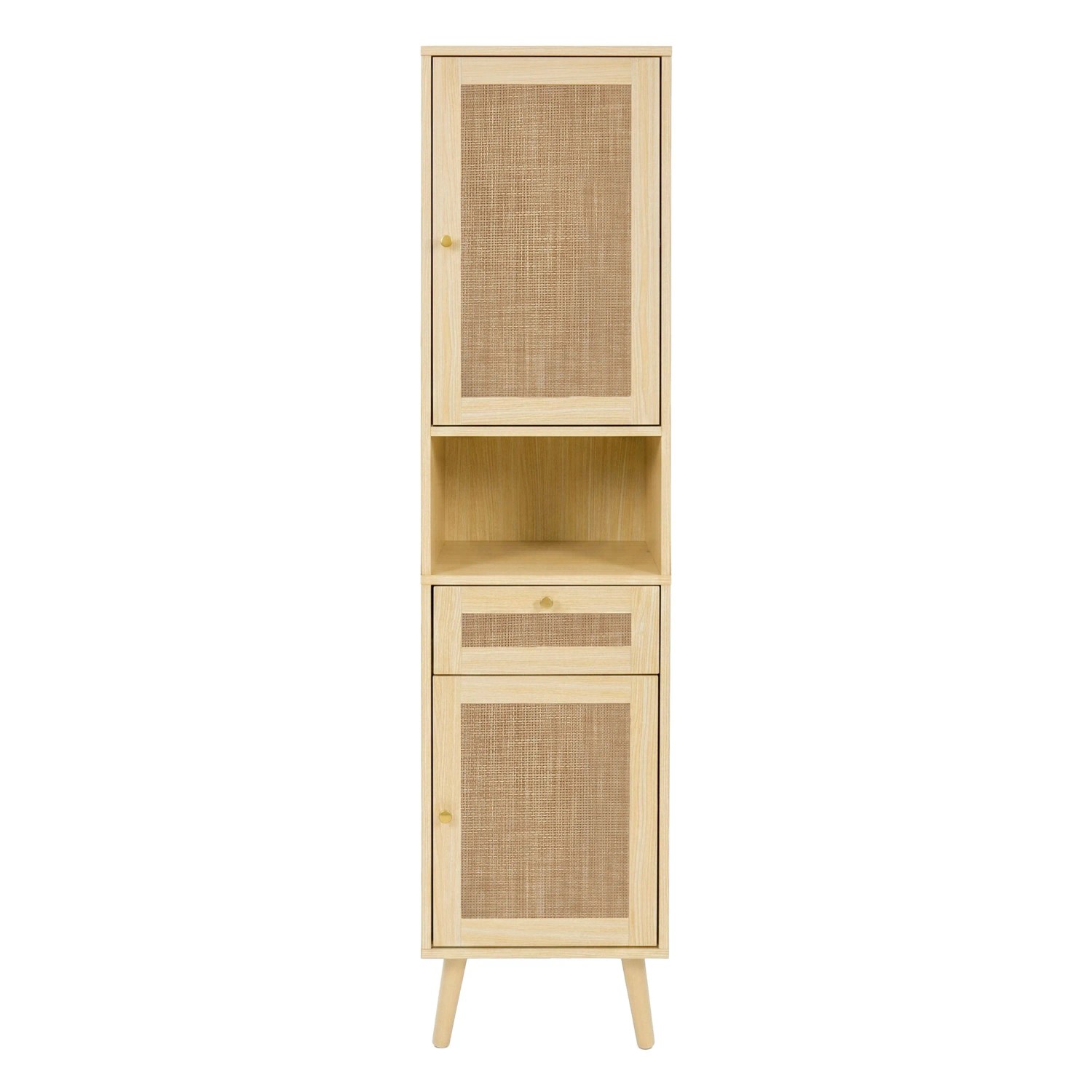 Merax Badezimmerschrank 40x30x166 cm Naturholz Rattan Türen Schublade