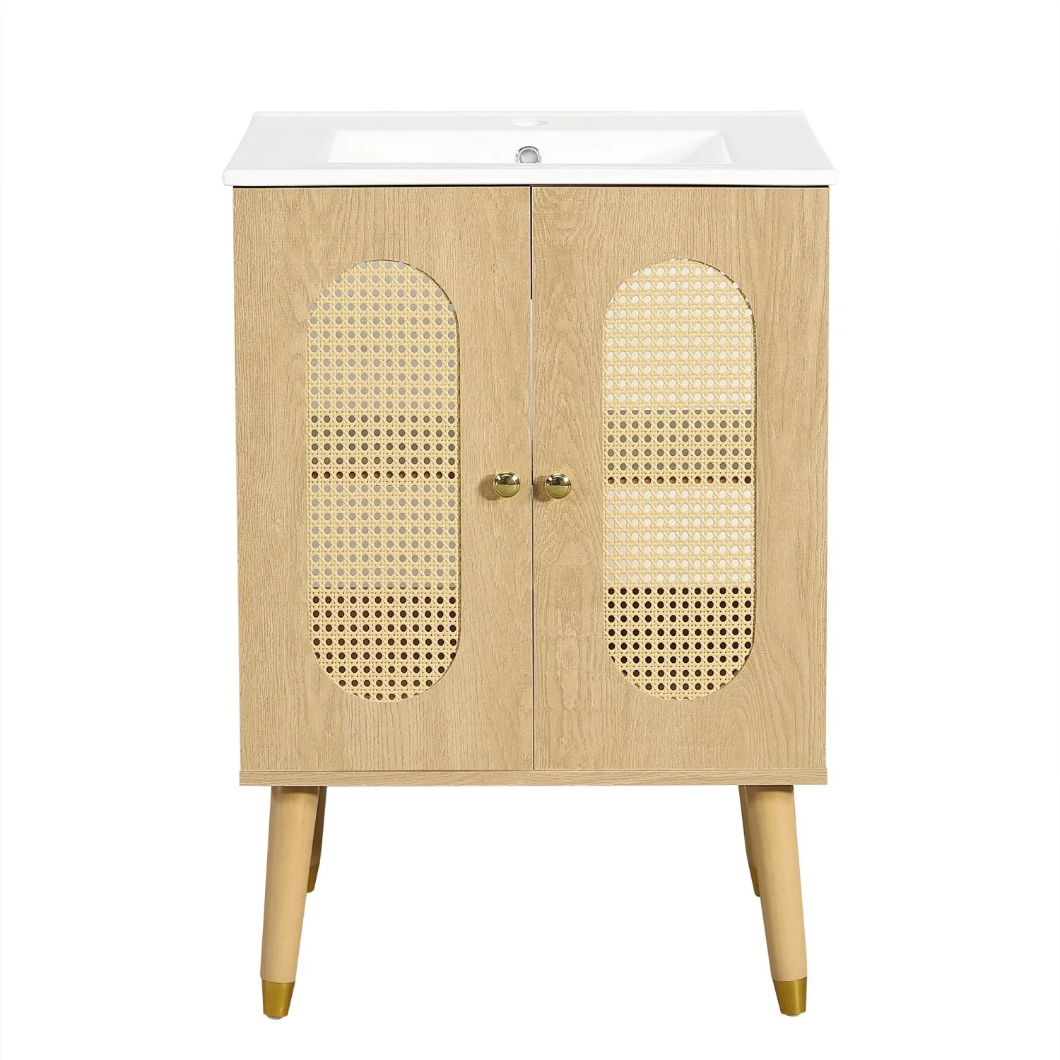 Merax Badezimmerschrank 61 cm Natur Rattan Türen Ablagen Stauraum