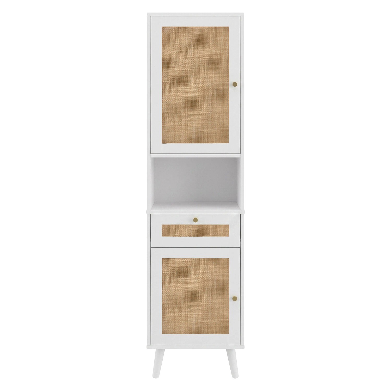 Merax Badezimmerschrank 40x30x166 cm Weiß Rattan Türen Schublade