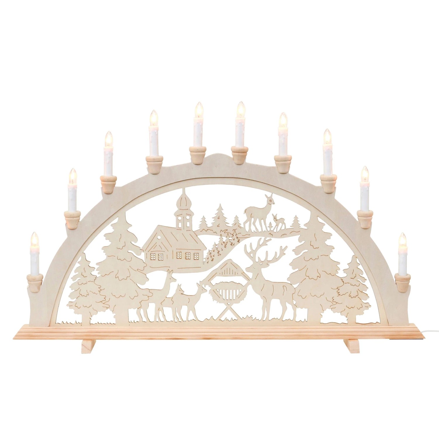 Dekohelden24 XXL Leuchterbogen Schwippbogen Lichterbogen Fensterbogen Schwibbogen Motiv Futterkrippe Reh Spitzkerzen Wechselbar L/B/H 71 x 4 x 40 cm