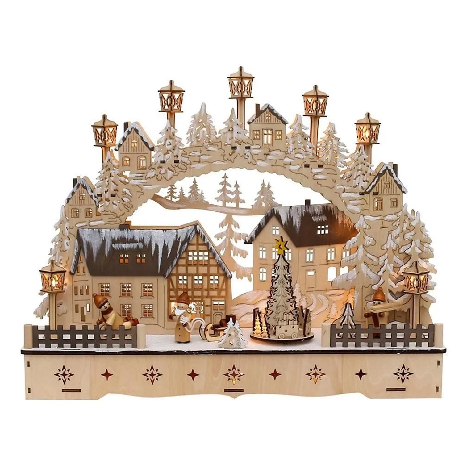 Dekohelden24 LED Holz Schwibbogen mit Bewegtem Weihnachtsbaum Inklusive Netzteil und Batteriebetrieb Möglich mit Schneekinder L/B/H 45 x 12 x 35 cm