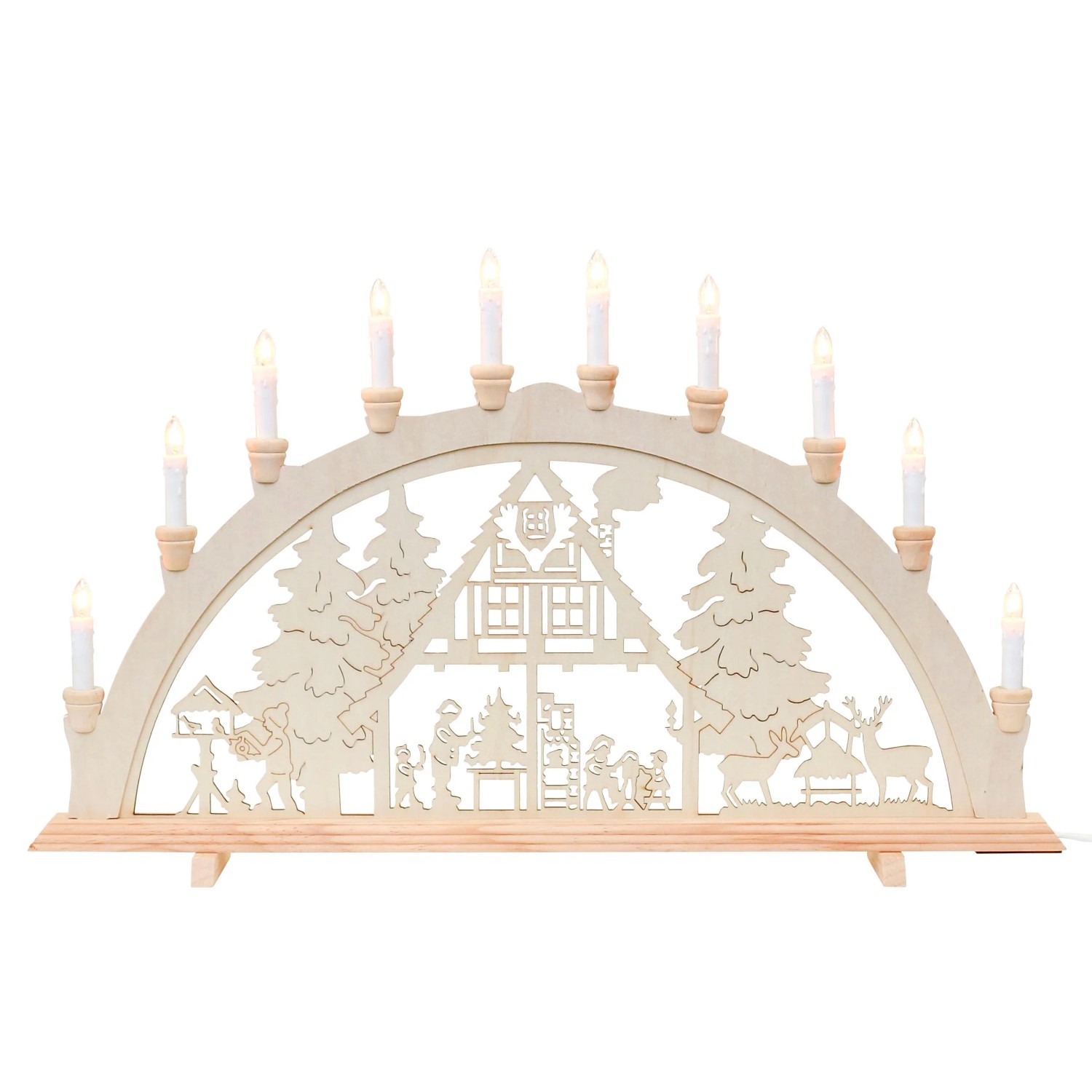 Dekohelden24 XXL Leuchterbogen Schwippbogen Lichterbogen Fensterbogen Schwibbogen Motiv Waldhaus mit Spitzkerzen Wechselbar L/B/H 71 x 4 x 40 cm