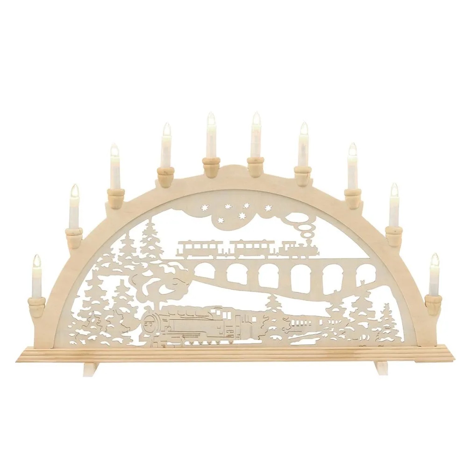 Dekohelden24 XXL Leuchterbogen Schwippbogen Lichterbogen Fensterbogen Schwibbogen Motiv Eisenbahn mit Spitzkerzen Wechselbar L/B/H 71 x 4 x 40 cm