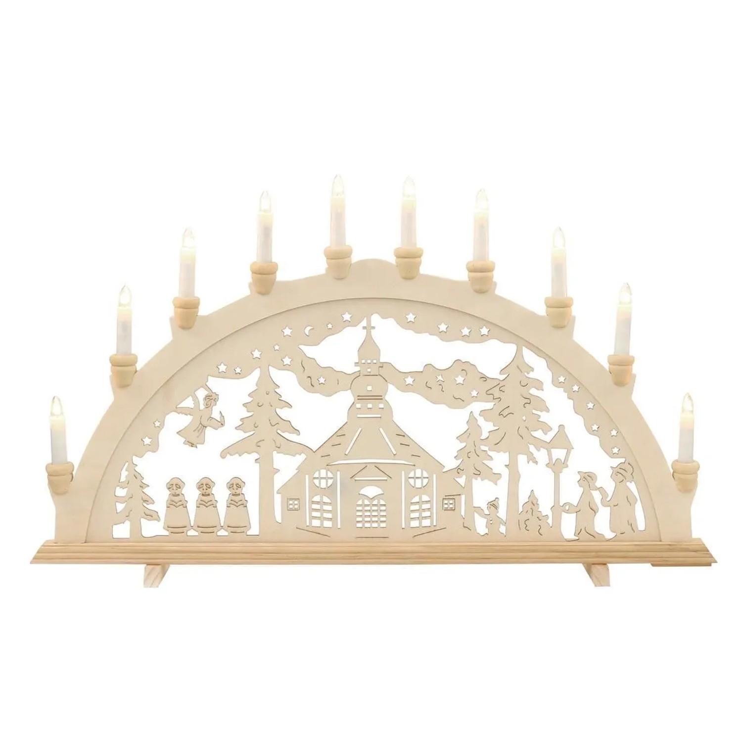 Dekohelden24 XXL Leuchterbogen Schwippbogen Lichterbogen Fensterbogen Schwibbogen Motiv Seiffen mit Spitzkerzen Wechselbar L/B/H 71 x 4 x 40 cm