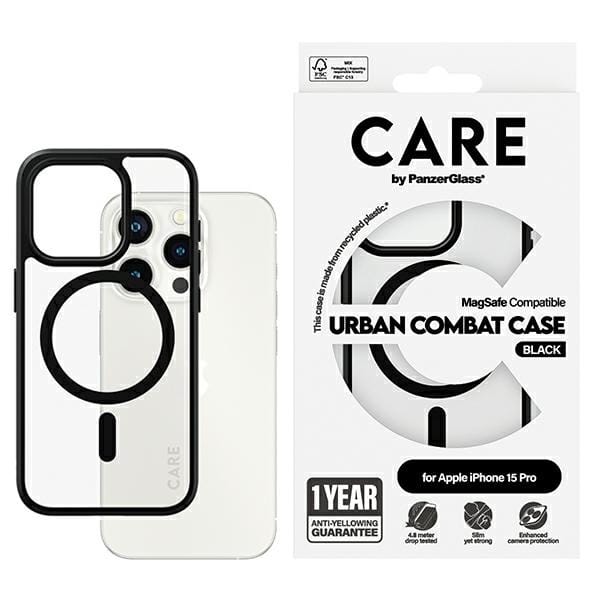 CARE by PanzerGlass Flagship Case Transparent Urban Combat w. Black MagSafe iPhone 15 Pro