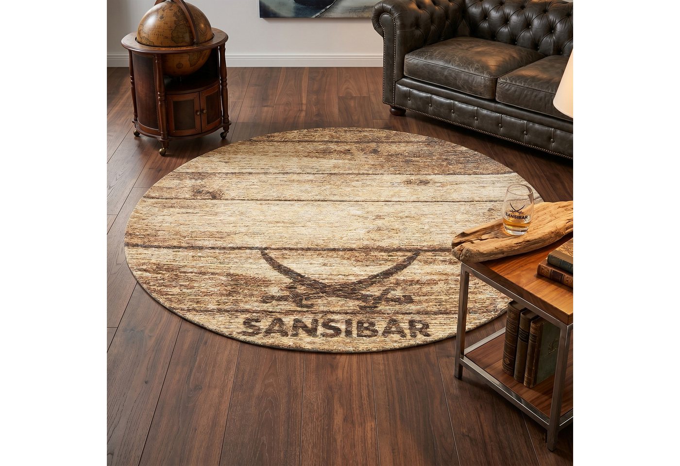 Sansibar Teppich Keitum 009, rund, Höhe: 3 mm, Flachgewebe, Motiv Holzdielen & gekreuzte Säbel