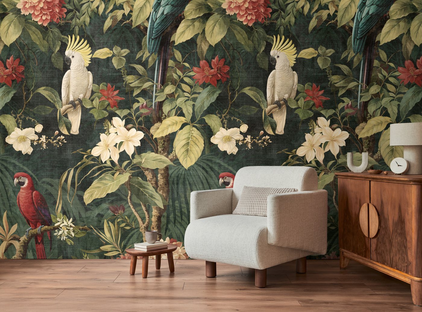 living walls Fototapete The Wall 4 Flowers – Tropischer Dschungel mit Vögeln Vlies-Fototapete, leicht strukturiert, floral, matt, botanisch, (1 St), Tropischer Dschungel mit Vögeln – atmosphärischer Tiefe Bild 5