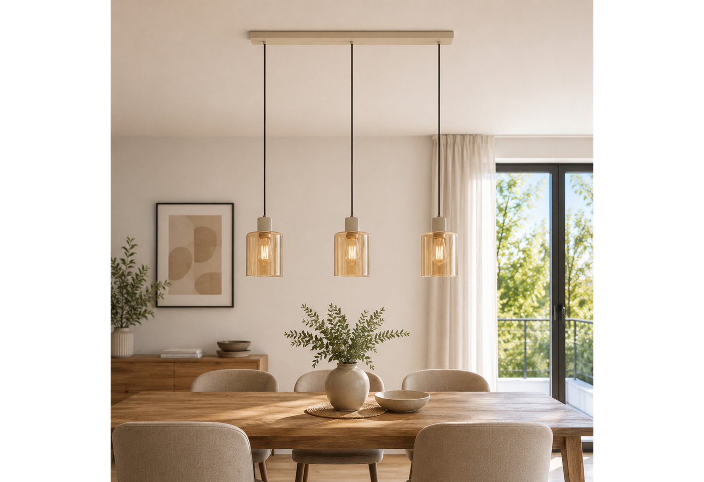 Brilliant Pendelleuchte Lyska, ohne Leuchtmittel, 72 x 12,5 x 120 cm, 3x E27 Fassung, Metall/Glas, beige/bernsteinfarben Bild 2