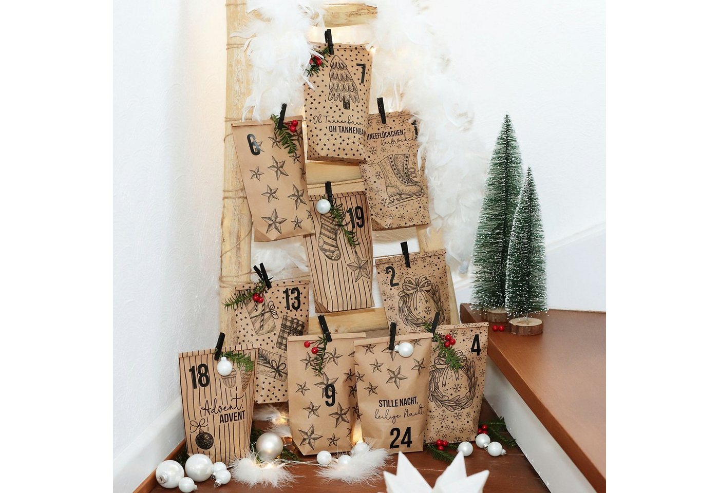 PAPIERDRACHEN befüllbarer Adventskalender DIY Adventskalender - 24 Geschenktüten, 24 Zahlenaufkleber & Klammern