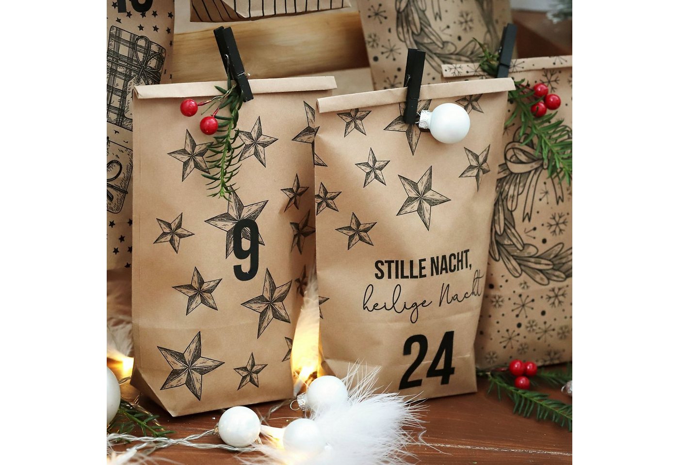 PAPIERDRACHEN befüllbarer Adventskalender DIY Adventskalender - 24 Geschenktüten, 24 Zahlenaufkleber & Klammern Bild 2
