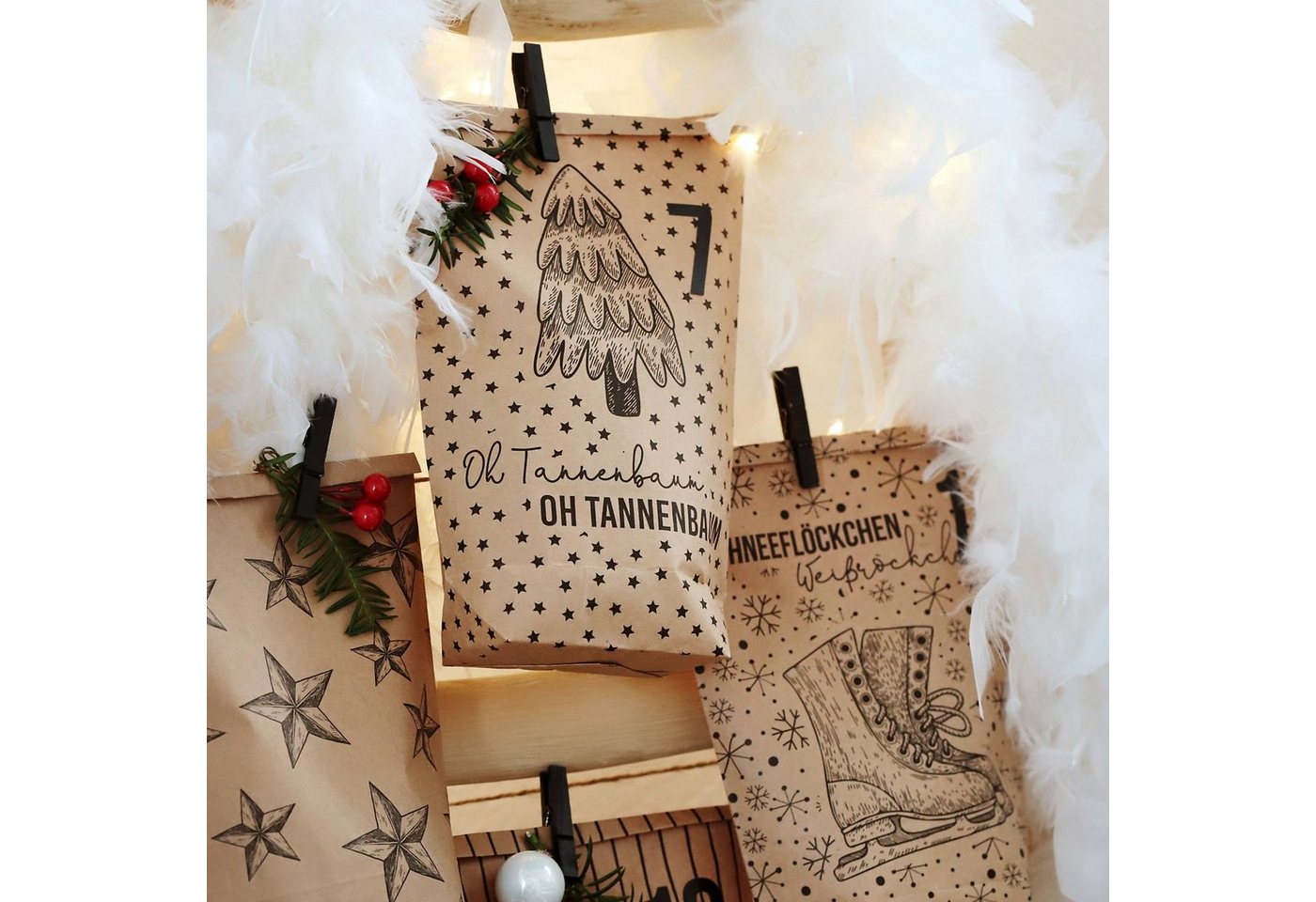 PAPIERDRACHEN befüllbarer Adventskalender DIY Adventskalender - 24 Geschenktüten, 24 Zahlenaufkleber & Klammern Bild 3