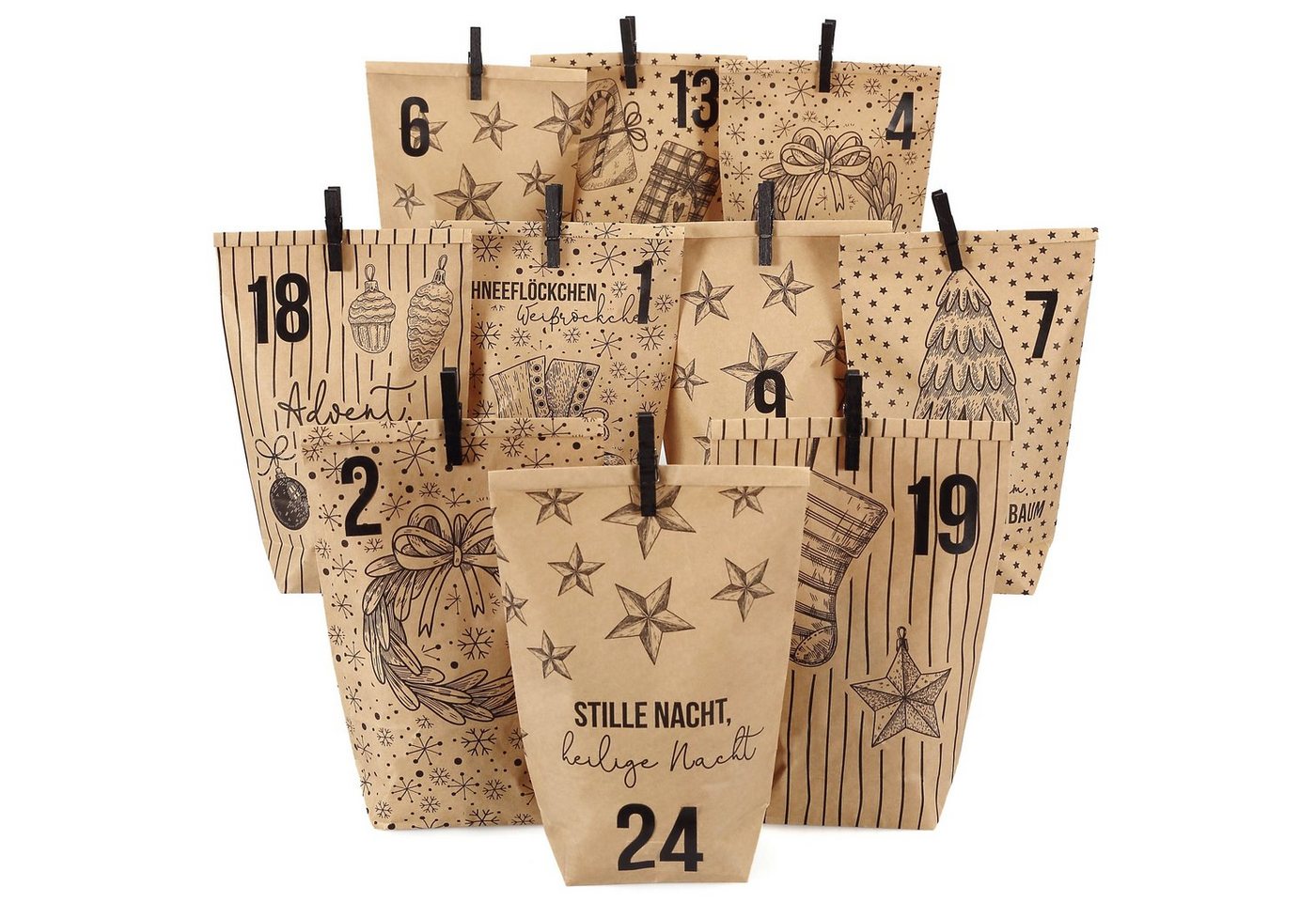 PAPIERDRACHEN befüllbarer Adventskalender DIY Adventskalender - 24 Geschenktüten, 24 Zahlenaufkleber & Klammern Bild 4