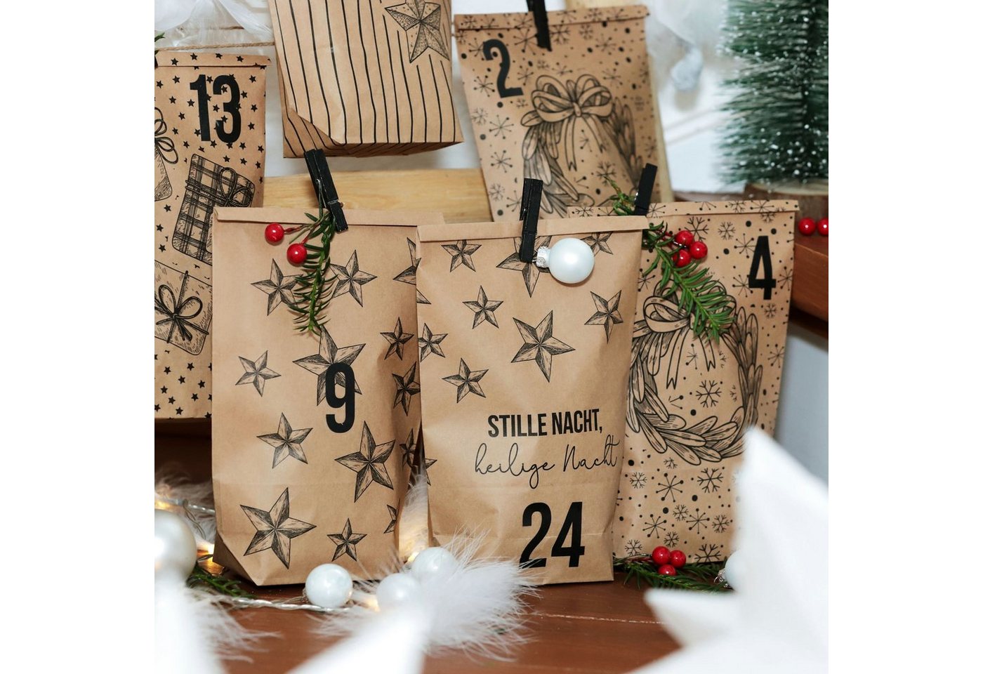 PAPIERDRACHEN befüllbarer Adventskalender DIY Adventskalender - 24 Geschenktüten, 24 Zahlenaufkleber & Klammern Bild 5