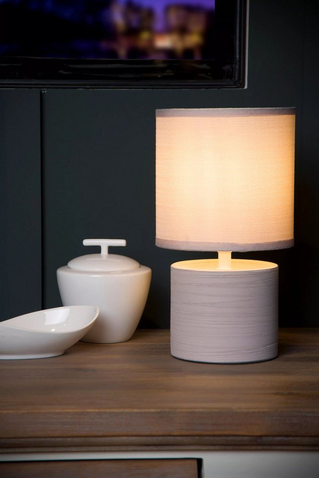 Licht-Erlebnisse Tischleuchte EVARA, ohne Leuchtmittel, Keramik Stoff E14 rund D: 14 cm 26 cm Beige Modern Keramiklampe Bild 3