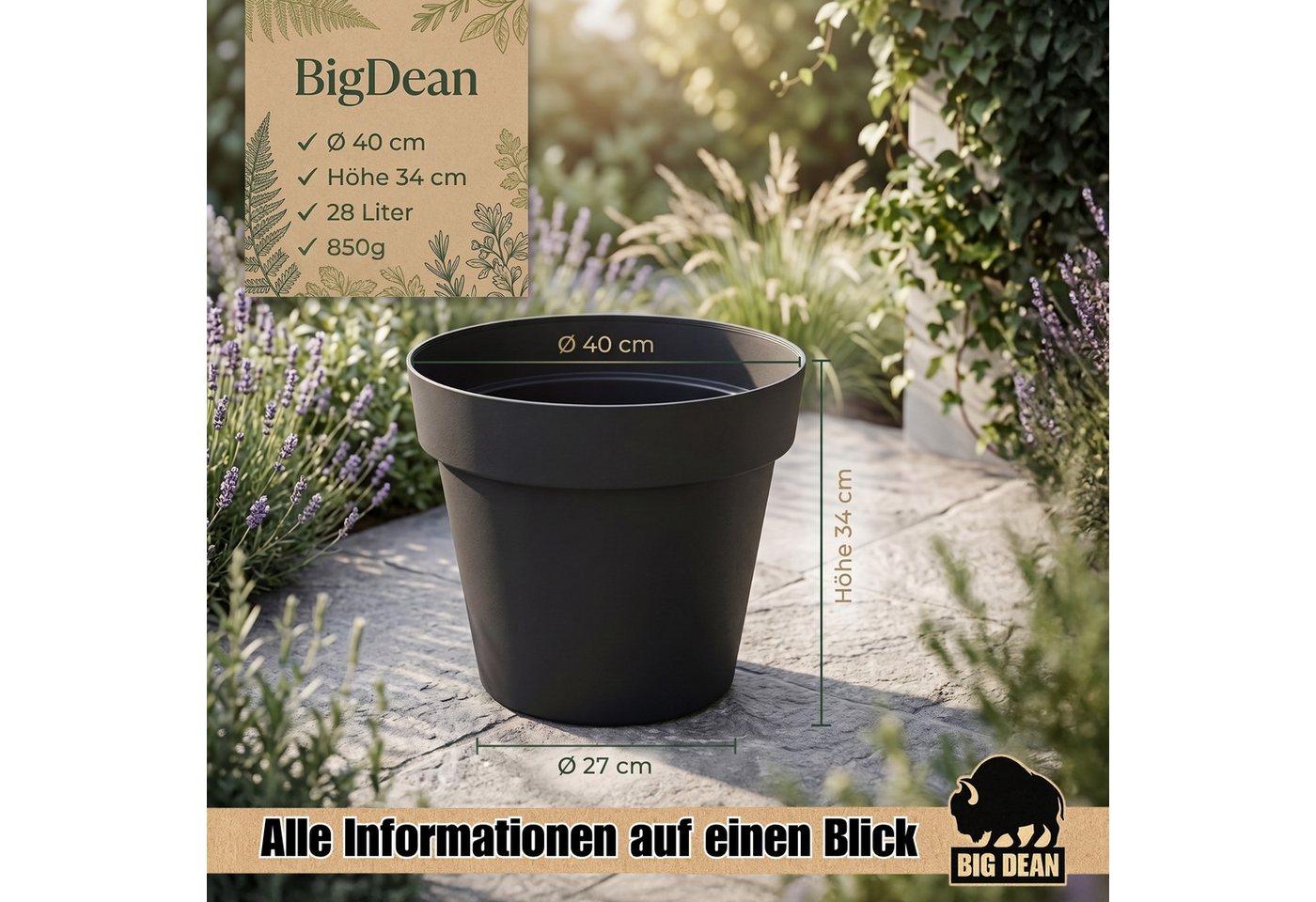 BigDean Blumentopf Pflanzkübel groß Anthrazit Classic mit integriertem Wasserspeicher (3 St), Wetterfester Kunststoff, Integrierter Zwischenboden