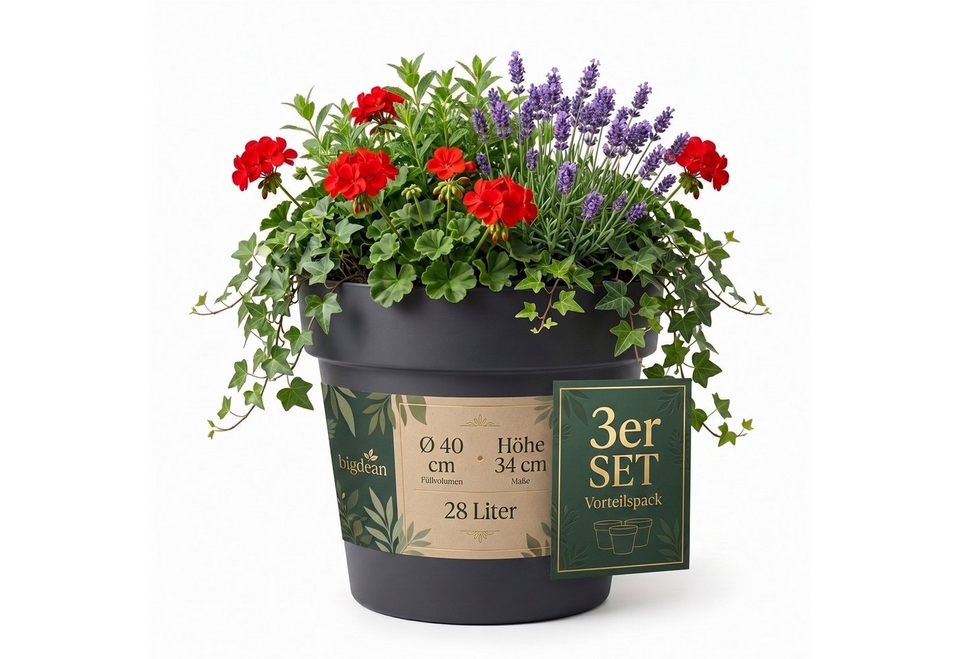 BigDean Blumentopf Pflanzkübel groß Anthrazit Classic mit integriertem Wasserspeicher (3 St), Wetterfester Kunststoff, Integrierter Zwischenboden Bild 2