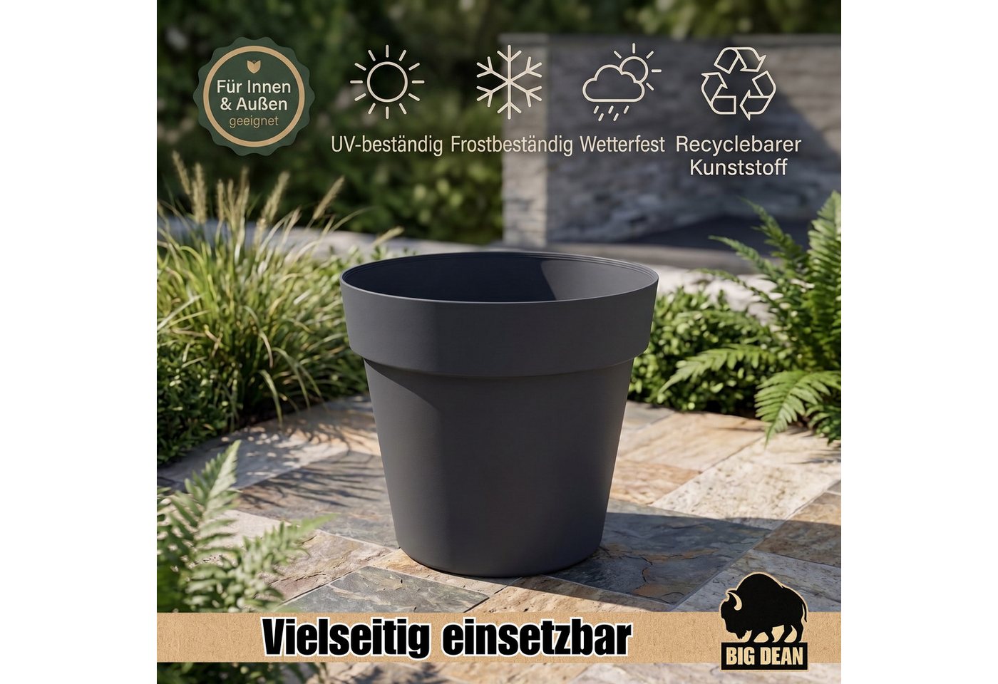 BigDean Blumentopf Pflanzkübel groß Anthrazit Classic mit integriertem Wasserspeicher (3 St), Wetterfester Kunststoff, Integrierter Zwischenboden Bild 4
