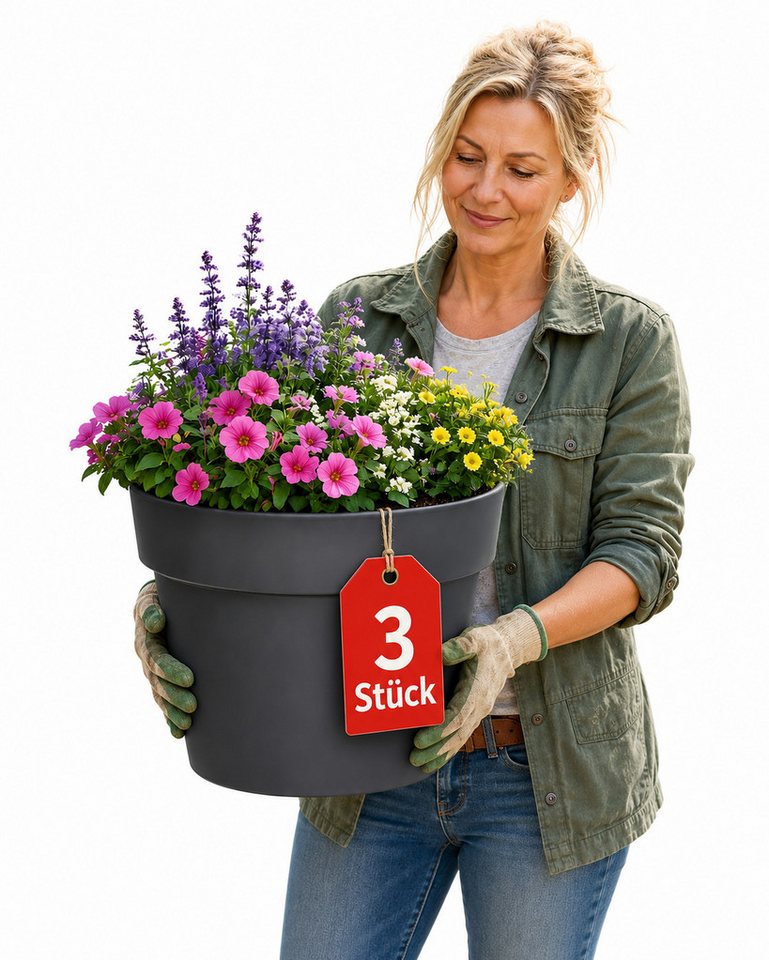 BigDean Blumentopf Pflanzkübel groß Anthrazit Classic mit integriertem Wasserspeicher (3 St), Wetterfester Kunststoff, Integrierter Zwischenboden Bild 5