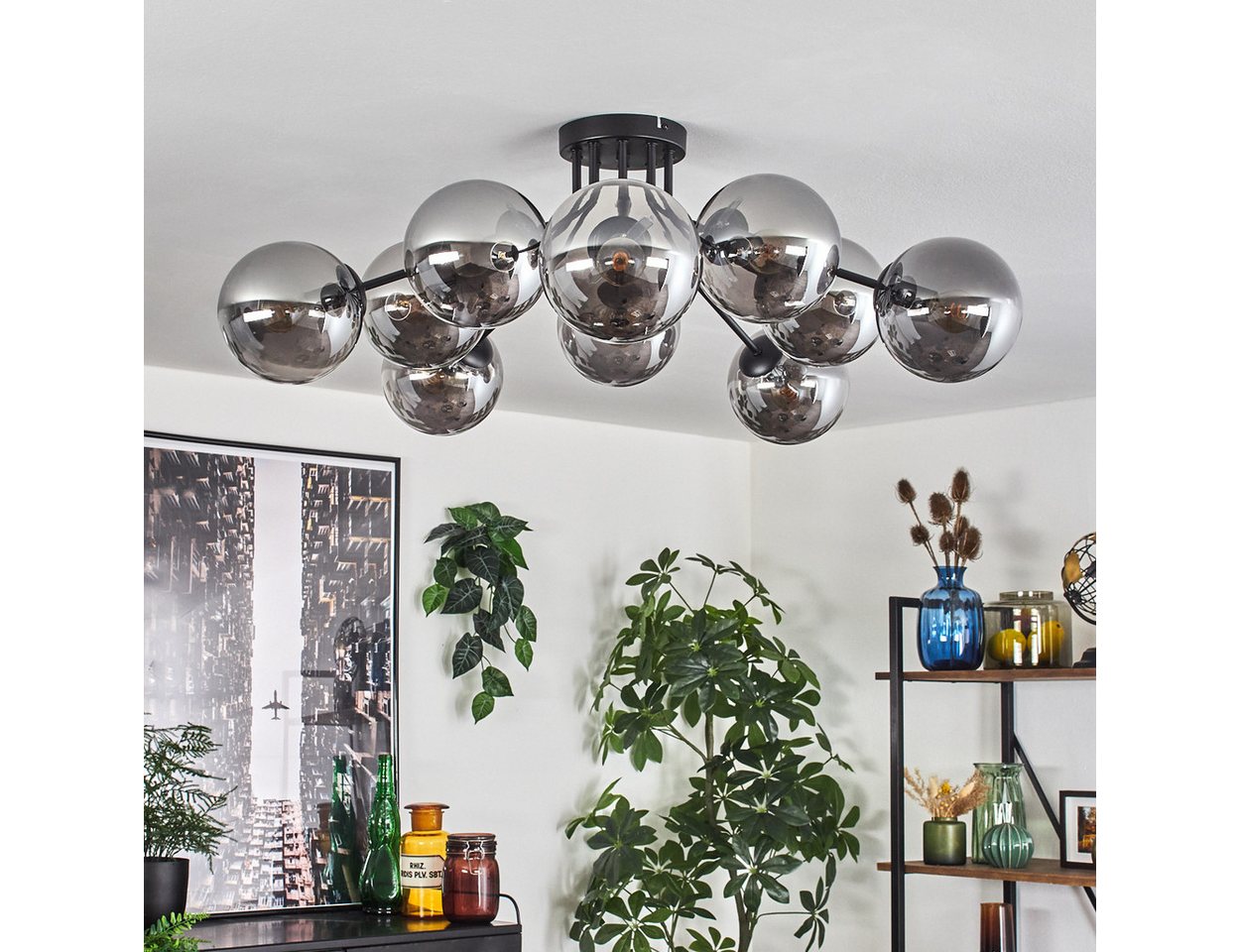 hofstein Deckenleuchte Deckenlampe aus Metall/Glas in Schwarz/Rauchfarben, ohne Leuchtmittel, modernes Design mit Glasschirm (15 cm), 10 x E14, ohne Leuchtmittel