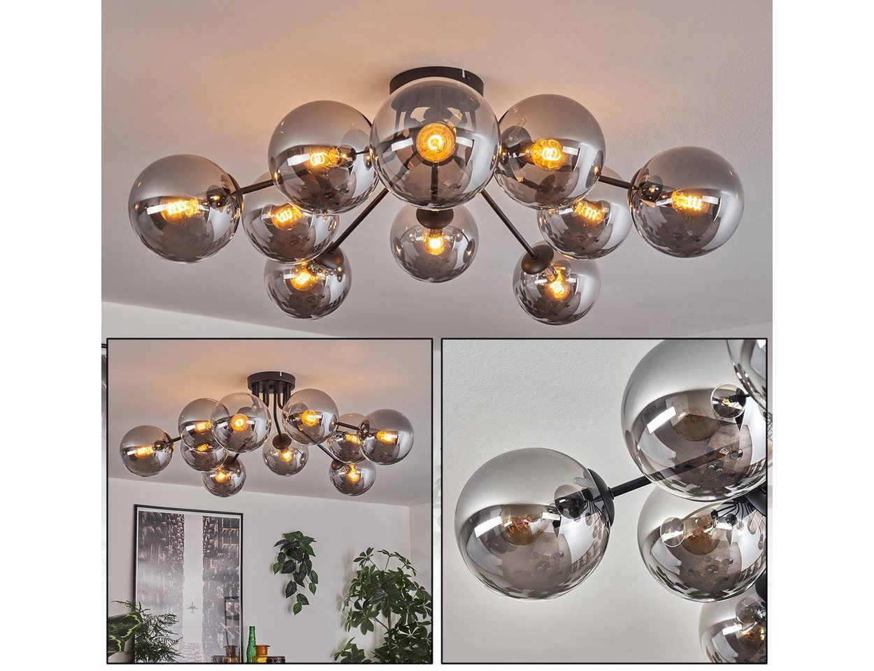 hofstein Deckenleuchte Deckenlampe aus Metall/Glas in Schwarz/Rauchfarben, ohne Leuchtmittel, modernes Design mit Glasschirm (15 cm), 10 x E14, ohne Leuchtmittel Bild 3