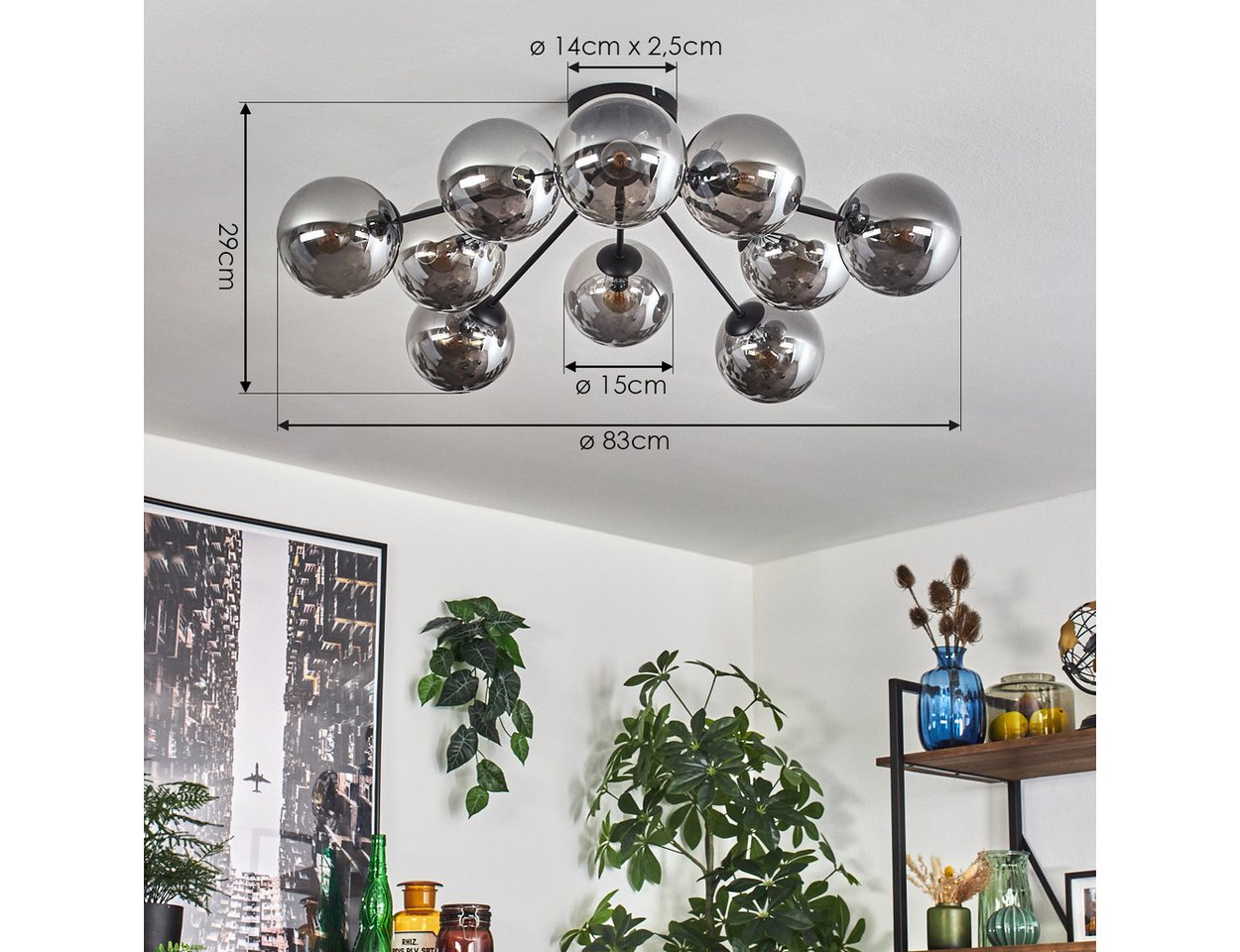 hofstein Deckenleuchte Deckenlampe aus Metall/Glas in Schwarz/Rauchfarben, ohne Leuchtmittel, modernes Design mit Glasschirm (15 cm), 10 x E14, ohne Leuchtmittel Bild 5