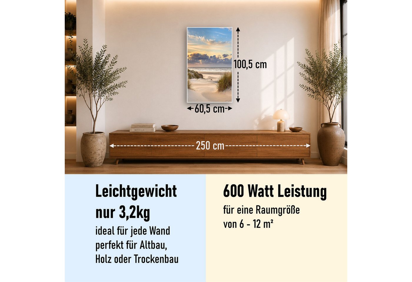 STEINFELD Heizsysteme Infrarotheizung Bild 600W, 100x60cm, Made in Germany, 7 Jahre Garantie, mit Thermostat, Silber