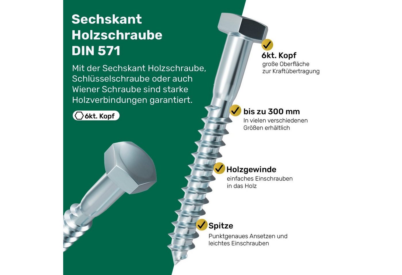 Sechskant-Holzschraube DIN 571 – Verzinkt, für Holzbau & Möbelmontage, Hohe Zugfestigkeit, (200 St), für Holzbau & Möbelmontage Bild 3