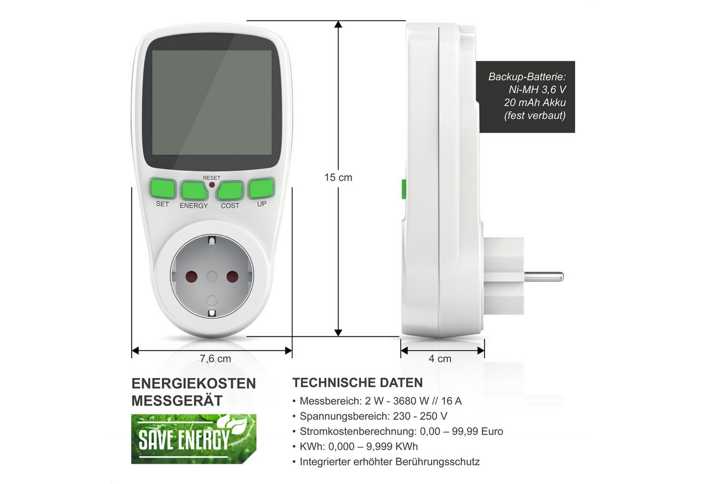 Arendo Energiekostenmessgerät 2er Set Energiekostenmessgerät Strommessgerät Steckdose, 2-tlg., Stromverbrauchszähler, Energiemessgerät, Energiekosten Anzeige Bild 2